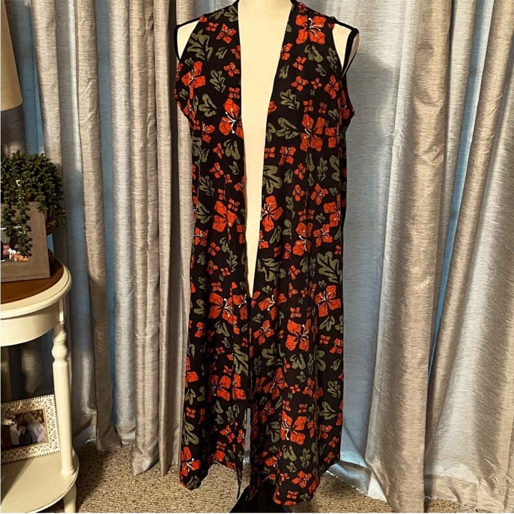 Lularoe Joy Duster Black Red Orange Hibiscus‎ Flowers Floral Womens Size Small